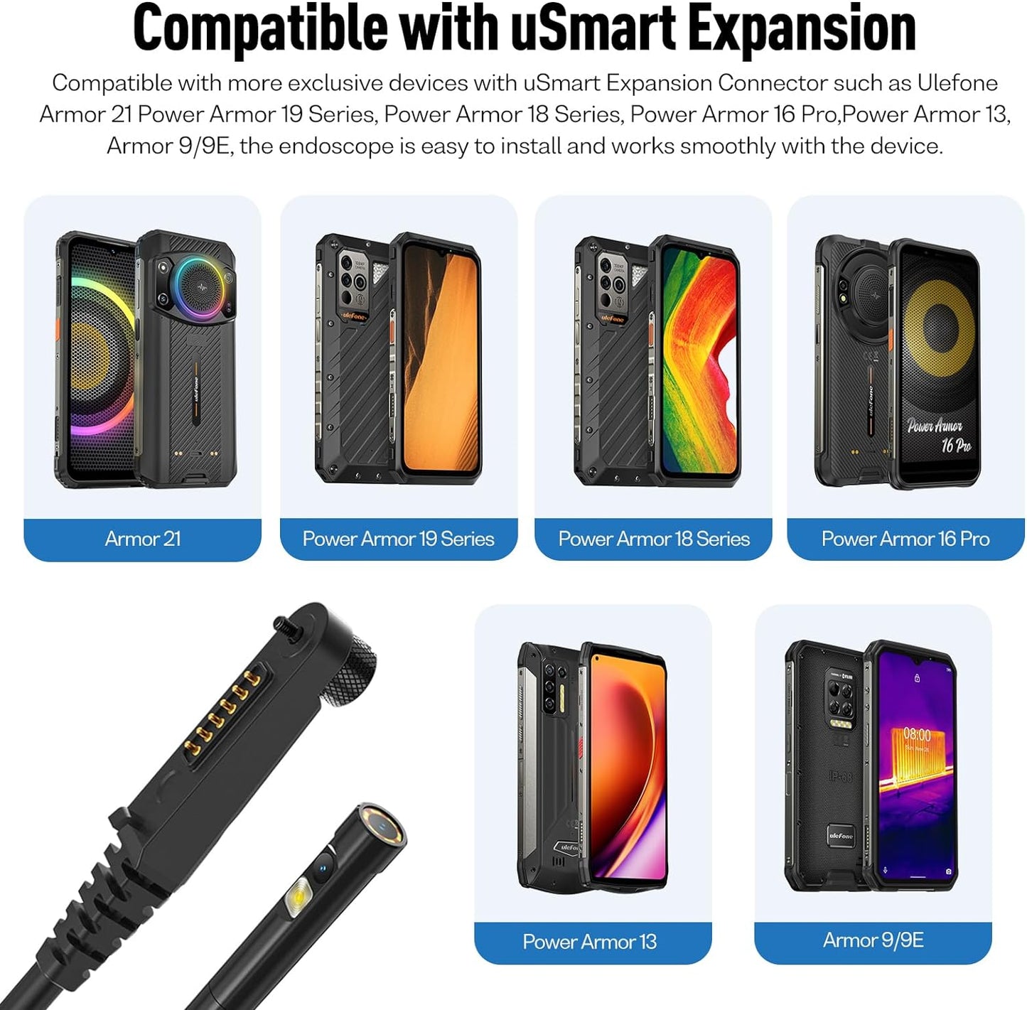 Ulefone uSmart E02 Dual Camera Endoscope 3.0 for Armor Pad 2, Armor 24, Armor 21, Armor 19/19T, Armor 18/18T, Armor 16 Pro, Armor 13, Armor 9/9E, IP67 Waterproof, 7 LED Lights, 2m semi-Rigid Cable sale