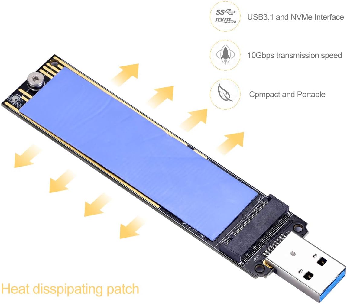 Laptopking M.2 NVME USB 3.1 Adapter, M-Key M.2 NGFF NVME to USB Card Reader USB 3.1 Gen 2 Bridge Chip with 10 Gbps High Performance NVME Adapter Card Reader