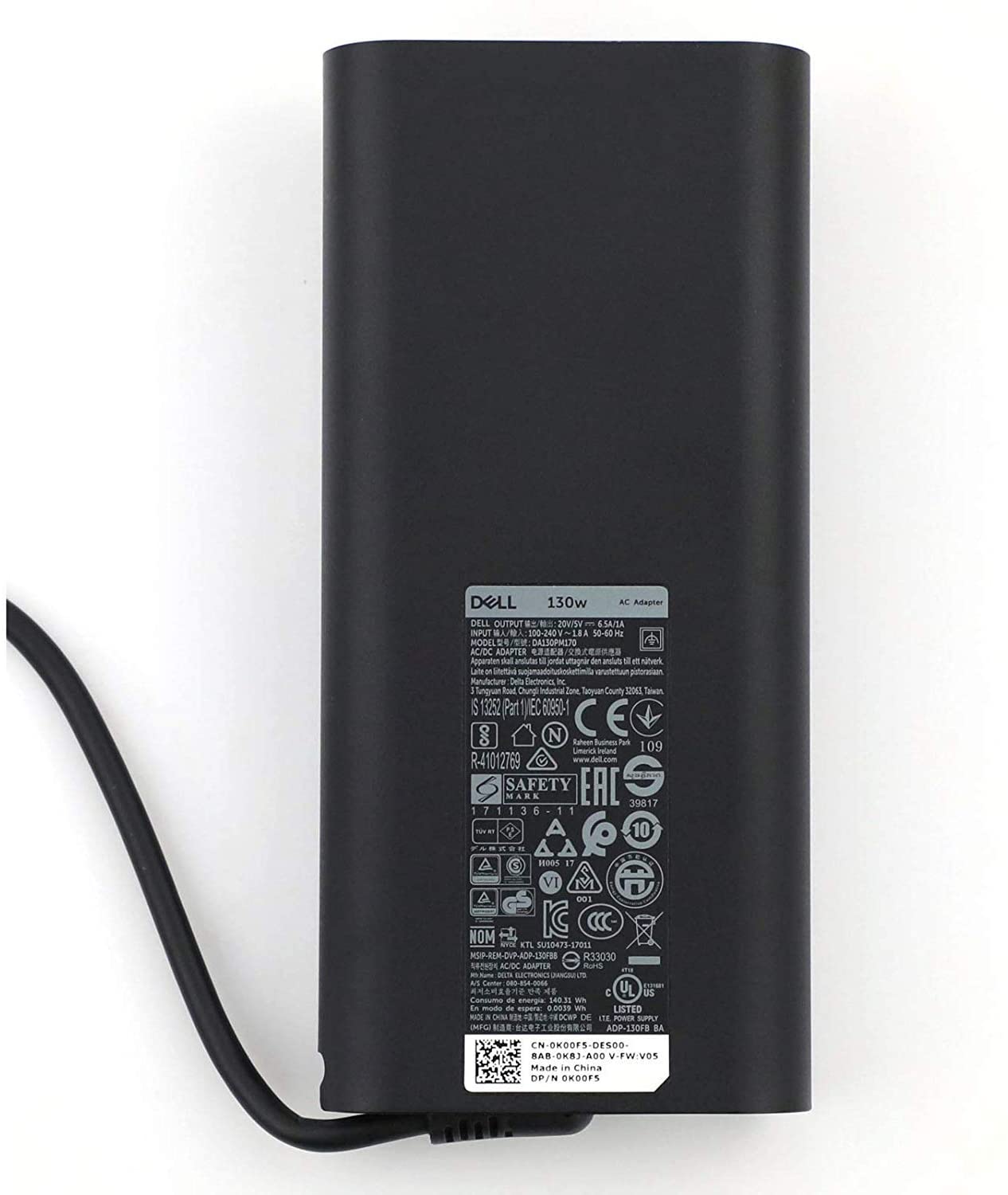 Dell 20V 6.5A 130W USB Type C 0K00F5 AC adapter for Dell XPS 2-in-1 4K Touch-Screen Laptop Model: XPS9575-7354BLK-PUS, Compatible with P/N: 0K00F5, K00F5