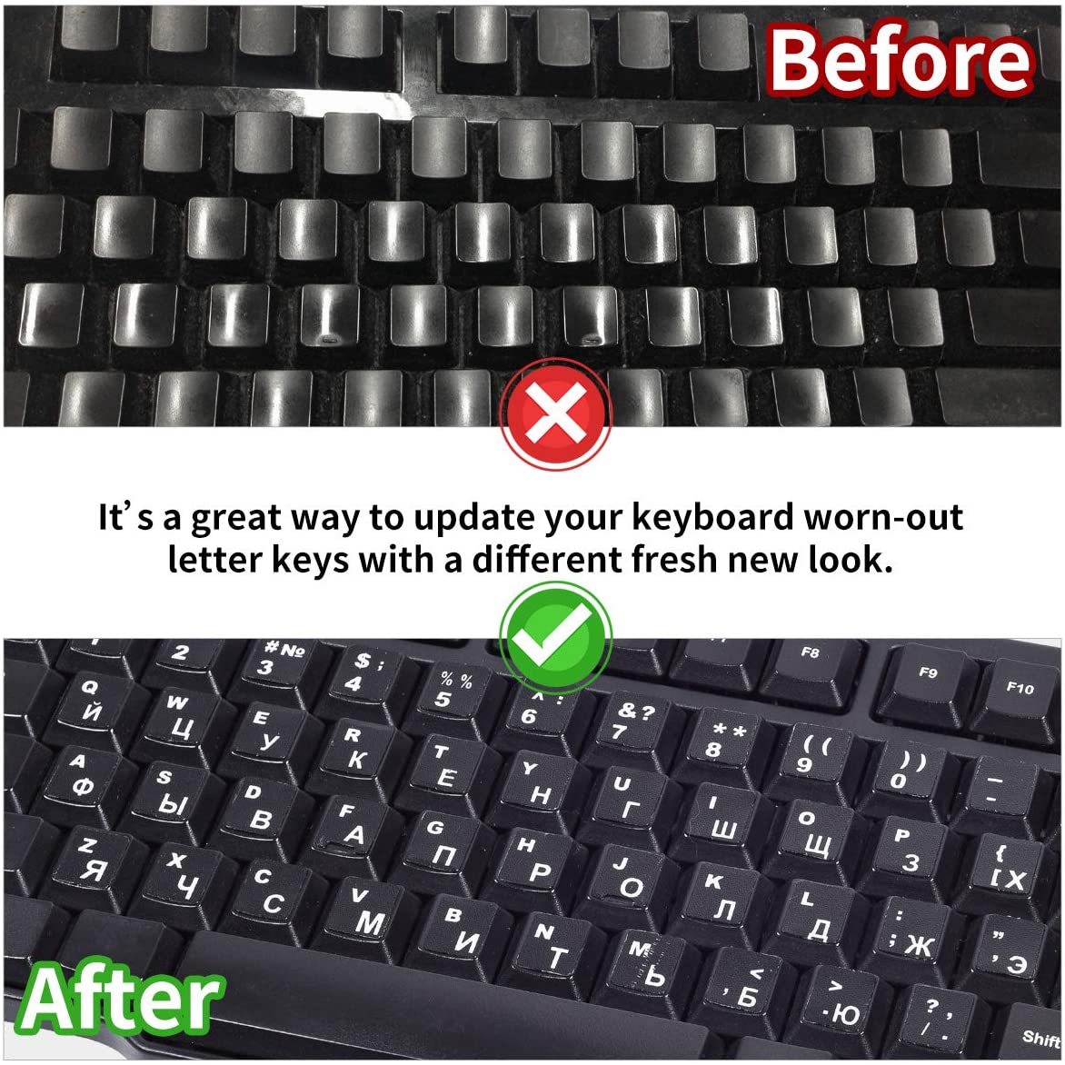 LaptopKing Universal Keyboard Stickers Replacement Keyboard Skin black background compatible with laptop Desktop white letter Russian Pack of 2