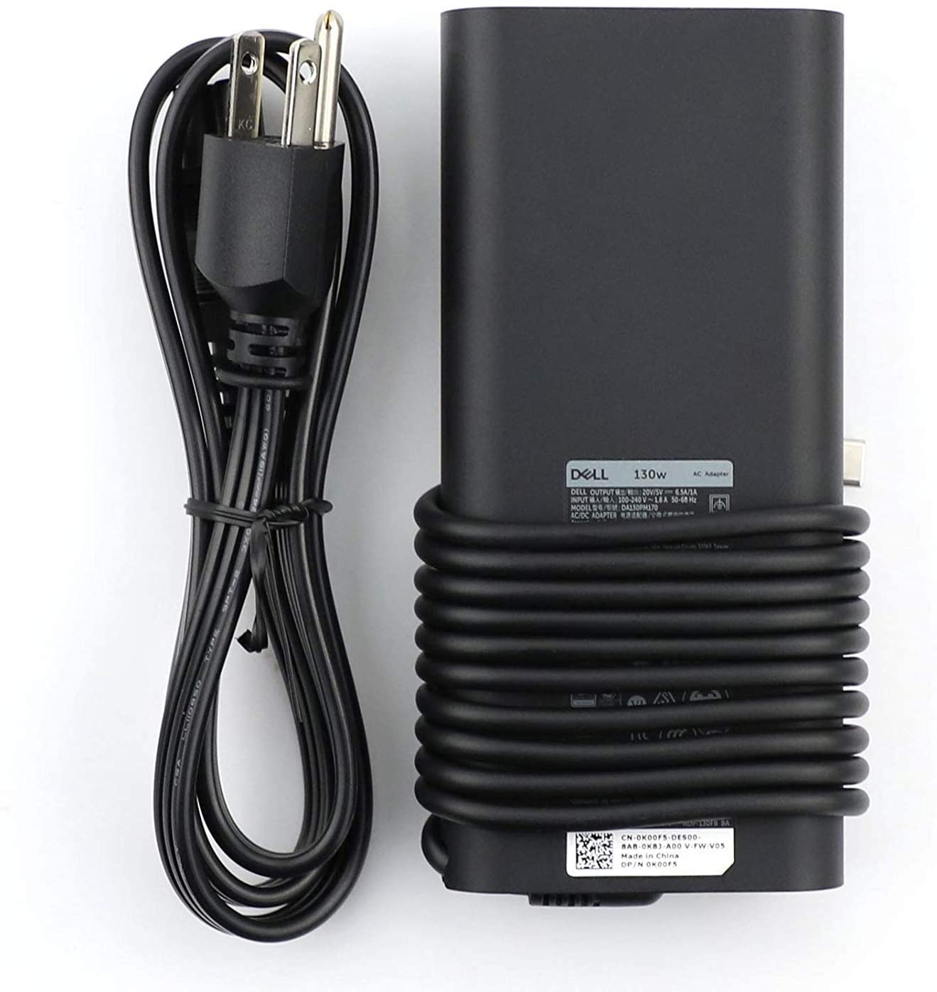Dell 20V 6.5A 130W USB Type C 0K00F5 AC adapter for Dell XPS 2-in-1 4K Touch-Screen Laptop Model: XPS9575-7354BLK-PUS, Compatible with P/N: 0K00F5, K00F5
