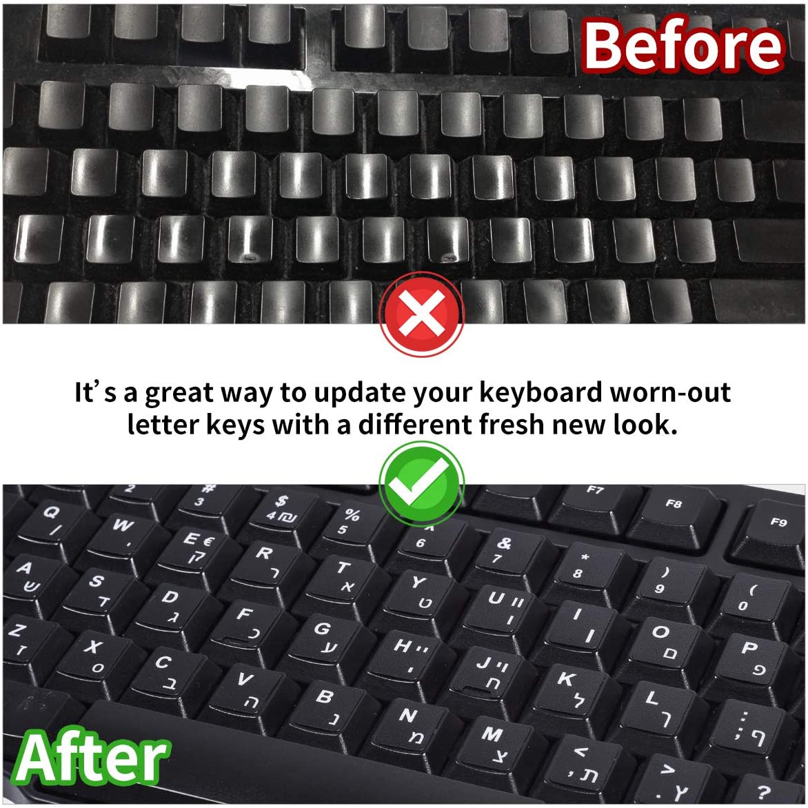 LaptopKing Universal Keyboard Stickers Replacement Keyboard Skin black background compatible with laptop Desktop white letter Hebrew Pack of 2