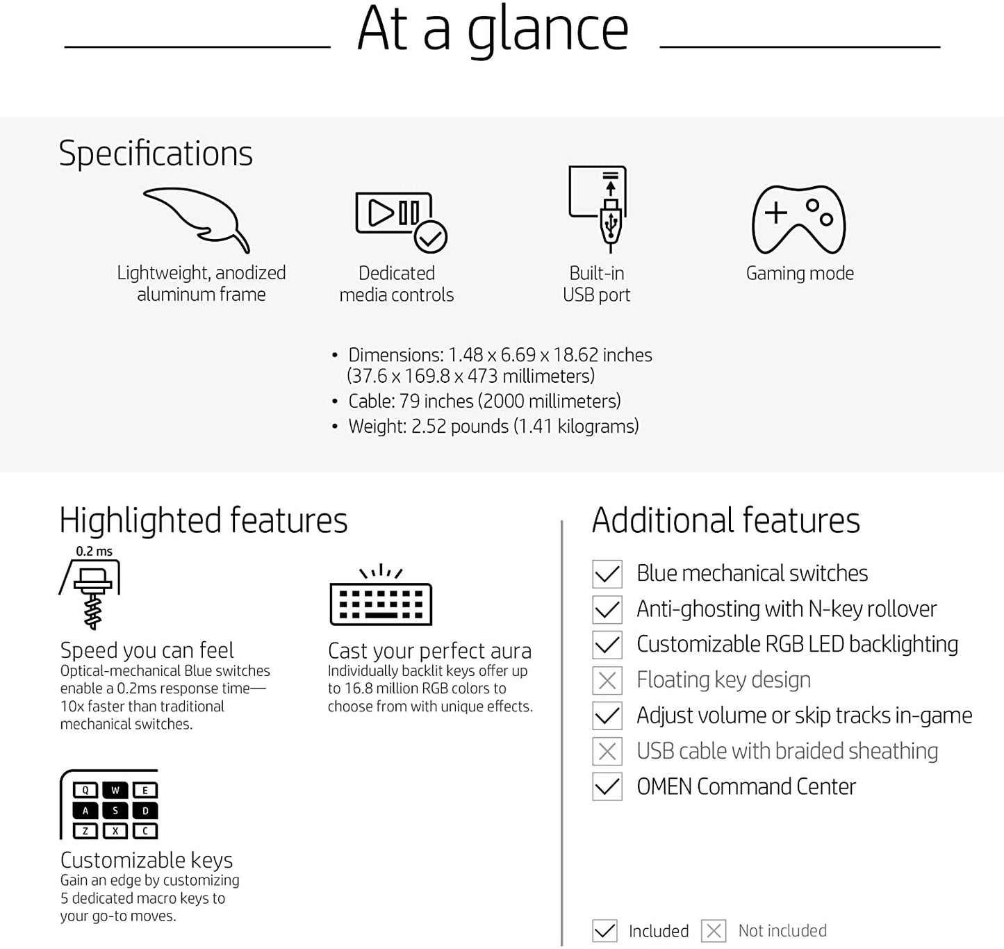 Omen by HP Sequencer Wired USB Mechanical Optical Gaming Keyboard – 10X Faster – Blue Switch - Volume Roller Bar – 16.8M RGB Colors – Anti Ghosting