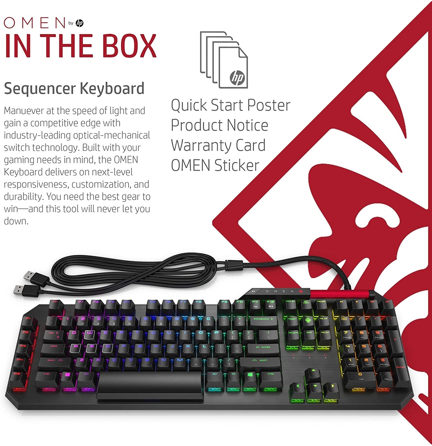 Omen by HP Sequencer Wired USB Mechanical Optical Gaming Keyboard – 10X Faster – Blue Switch - Volume Roller Bar – 16.8M RGB Colors – Anti Ghosting