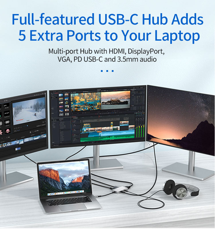 Docking station 2 Monitor support 5-in-1 USB Type C Hub Adapter with 4K DisplayPort HDMI VGA 3.5mm Audio USB-C 100W Power Delivery Ports Sale