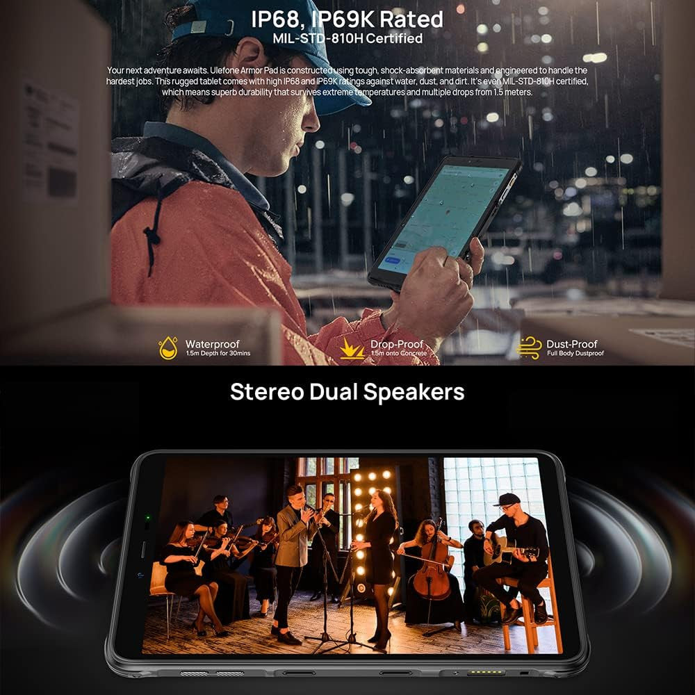 Ulefone Armor PAD Rugged Tablet Android 12, 8 Inch Waterproof-Tablet, Octa Core 4GB+64GB 256GB Expandable, 7650mAh Battery Industrial Tablet PC, 13MP+5MP, IP68&IP69K Tablets, 2.4G/5G WiFi, OTG, GPS/NFC — LK-PHN-GEN-0004