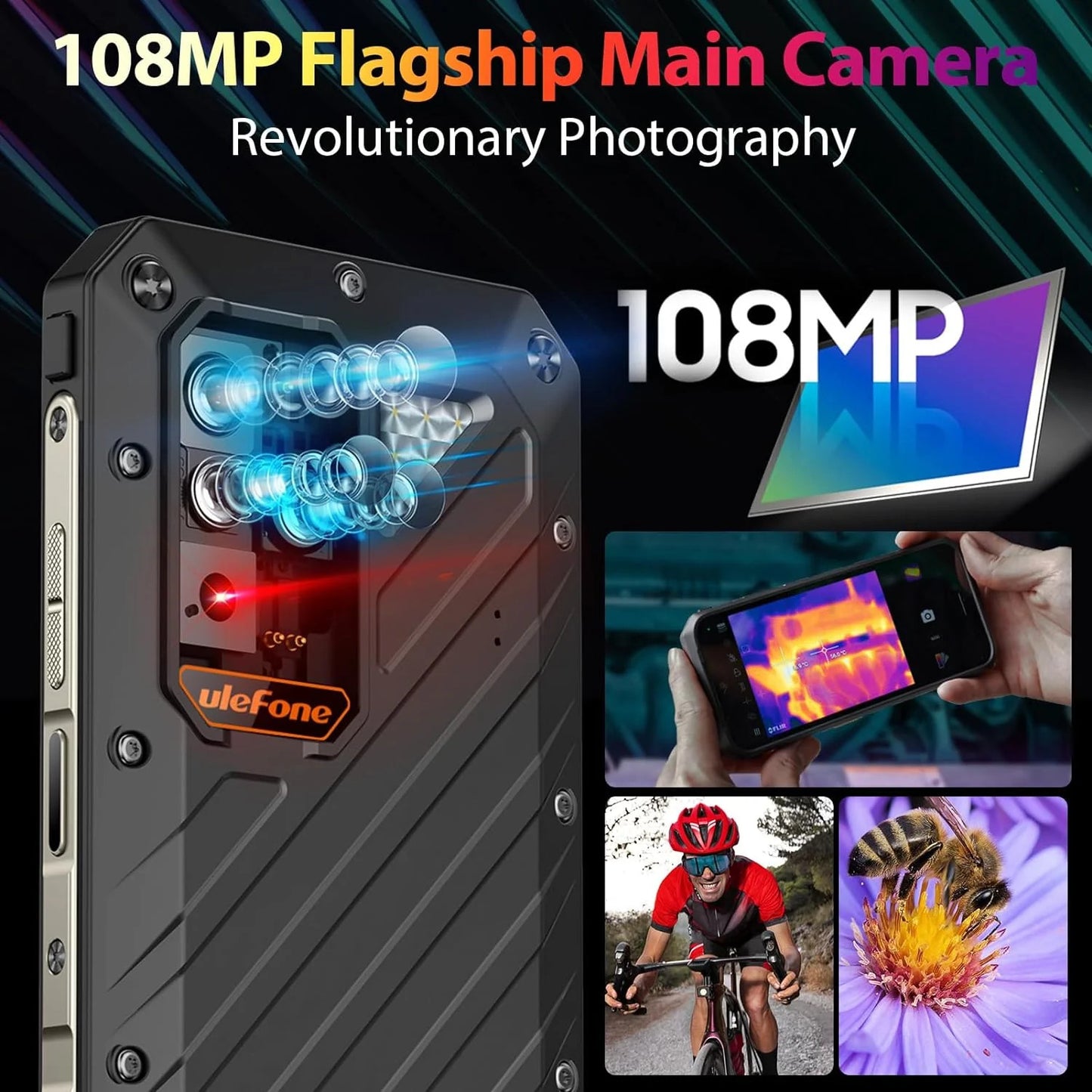 Ulefone Power Armor 18T Ultra 5G Rugged Phone, Thermal Imaging Camera, 108MP Camera, 24GB+512GB MTK Dimensity 7050, 9600mAh QI 15W Wireless Charging, 6.58" FHD+ Corning Gorilla Screen, Android 13 — LK-SCR-LK-0022