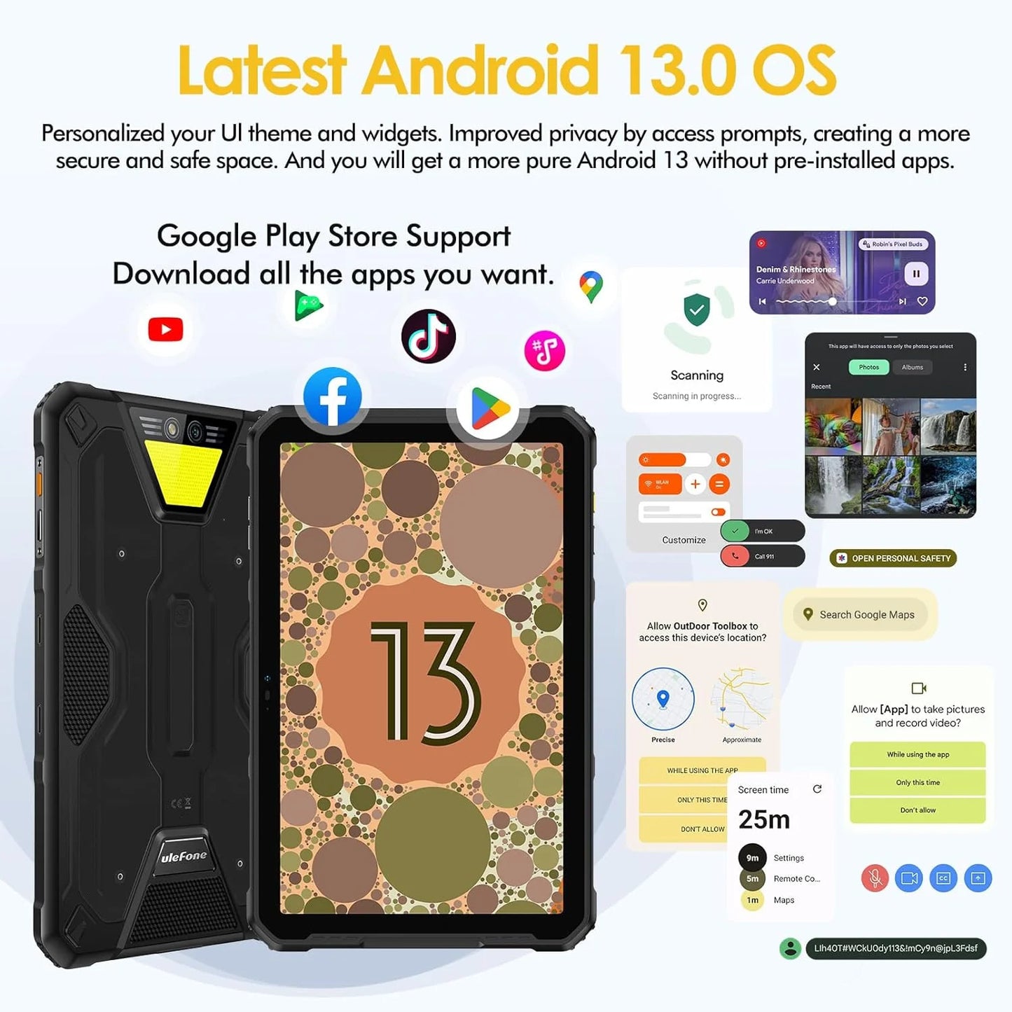 Ulefone Armor Pad 2 11 inch Rugged Tablet, 18600mAh Mega Battery, Camping Light, 2K FHD+ Screen, Octa Core 16GB + 256GB Android 13, 48MP Rear Camera, 4G Dual SIM IP68 Waterproof Tablet GPS NFC- Black — LK-SCR-LK-0021