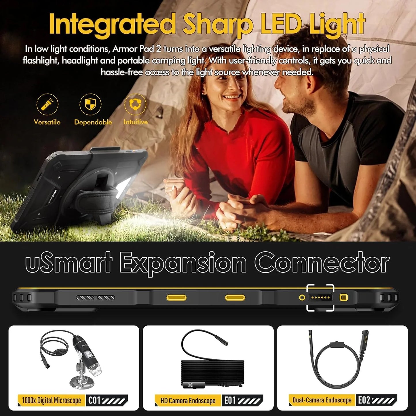 Ulefone Armor Pad 2 11 inch Rugged Tablet, 18600mAh Mega Battery, Camping Light, 2K FHD+ Screen, Octa Core 16GB + 256GB Android 13, 48MP Rear Camera, 4G Dual SIM IP68 Waterproof Tablet GPS NFC- Black — LK-SCR-LK-0021