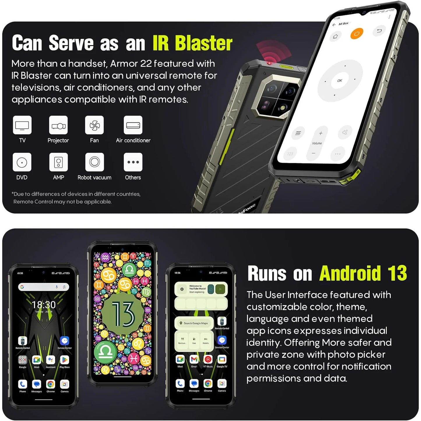 Ulefone Armor 22 (8+256GB) Rugged Smartphone, 64MP Night Vision Camera + 64MP Wide-Angle Camera, Android 13 Unlocked Cell Phone, 6.58 FHD+, 120Hz, 6600mAh, IR Blaster, NFC 4G LTE Mobile- All Black — LK-PHN-LK-0003