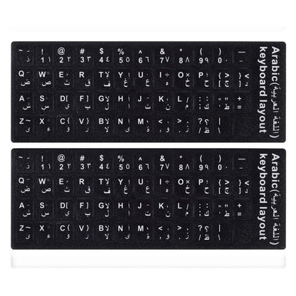 Universal Keyboard Stickers Replacement Keyboard Skin black background compatible with laptop Desktop white letter English/Arabic Pack of 2
