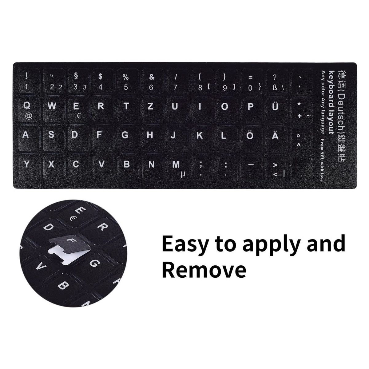 Universal Keyboard Stickers Replacement Keyboard Skin black background compatible with laptop Desktop white letter German Pack of 2
