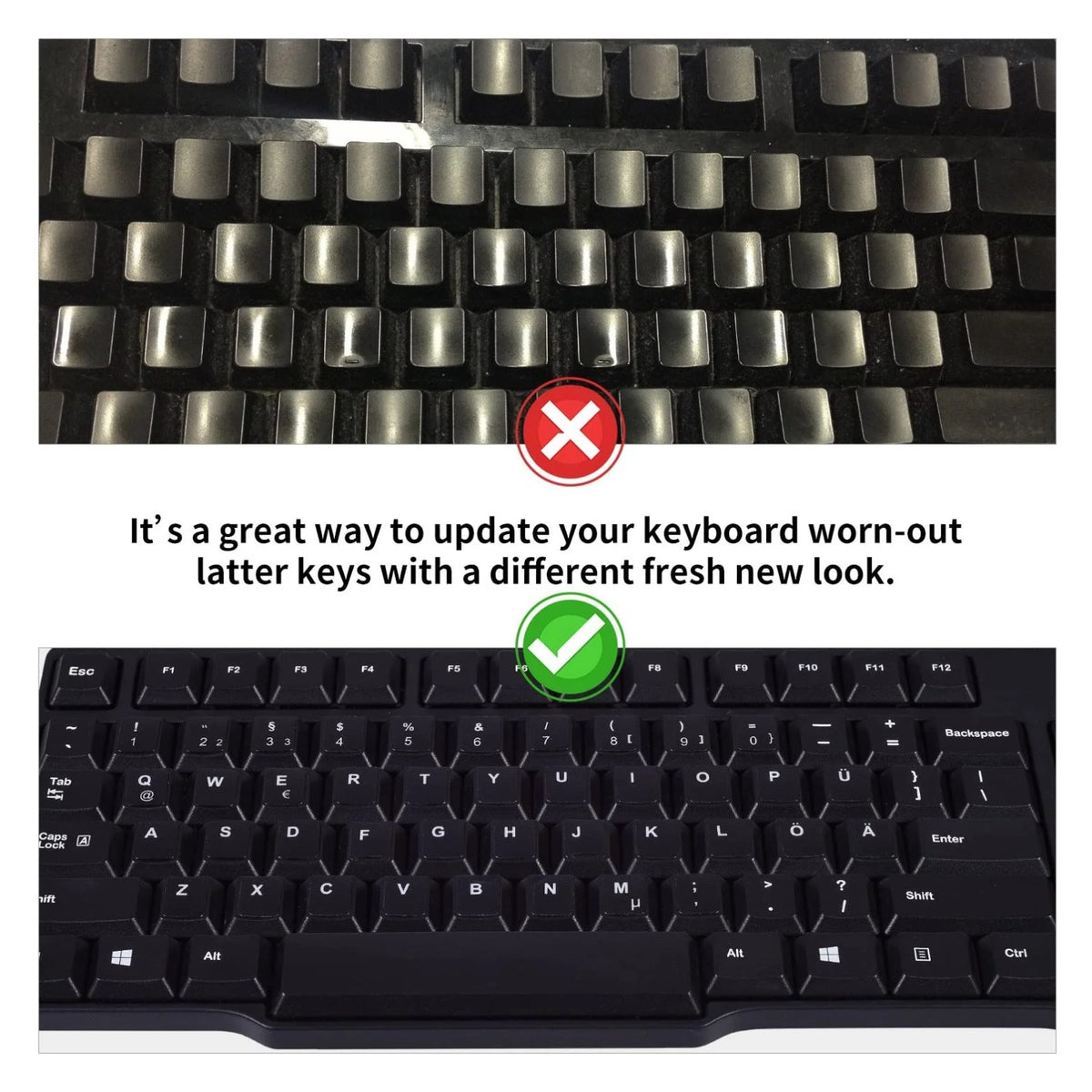 Universal Keyboard Stickers Replacement Keyboard Skin black background compatible with laptop Desktop white letter German Pack of 2