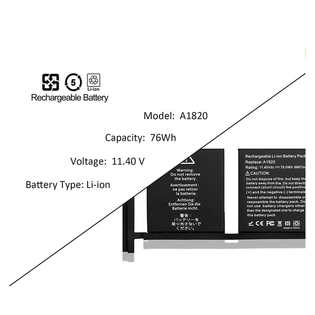 A1820 Laptop Battery for MacBook Pro 15 inch A1707 Late 2016 Mid 2017 EMC 3162 3072 Series MLH32LL/A MLH42LL/A MLW72LL/A MLW72HN/A MLW82LL/A MPTR2LL/A MPTW2LL/A 11.4V 76Wh