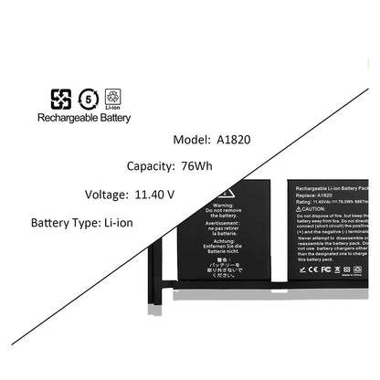 A1820 Laptop Battery for MacBook Pro 15 inch A1707 Late 2016 Mid 2017 EMC 3162 3072 Series MLH32LL/A MLH42LL/A MLW72LL/A MLW72HN/A MLW82LL/A MPTR2LL/A MPTW2LL/A 11.4V 76Wh