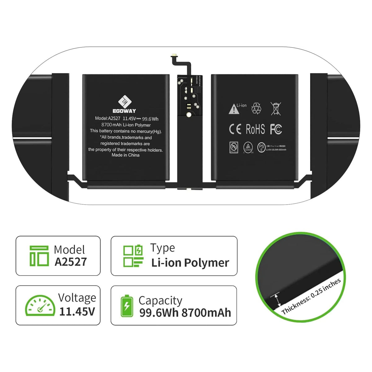A2527 Laptop Battery Replacement For MacBook Pro 16" A2485 (Late 2021 Version)EMC 3651 Notebook Smart [11.45V 8700mAh]