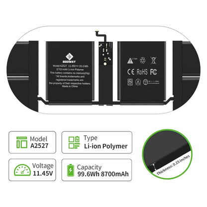 A2527 Laptop Battery Replacement For MacBook Pro 16" A2485 (Late 2021 Version)EMC 3651 Notebook Smart [11.45V 8700mAh]