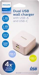 Philips 22.5W 4.5A USB Wall AC Adapter 1 X USB-C & 1 X USB-A Ports White - DLP2507A/27