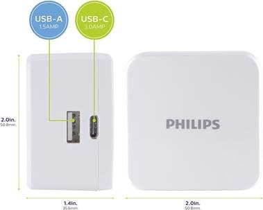 Philips 22.5W 4.5A USB Wall AC Adapter 1 X USB-C & 1 X USB-A Ports White - DLP2507A/27