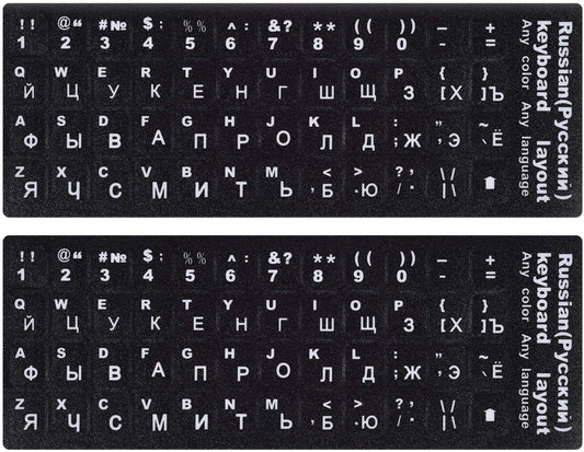 LaptopKing Universal Keyboard Stickers Replacement Keyboard Skin black background compatible with laptop Desktop white letter Russian Pack of 2