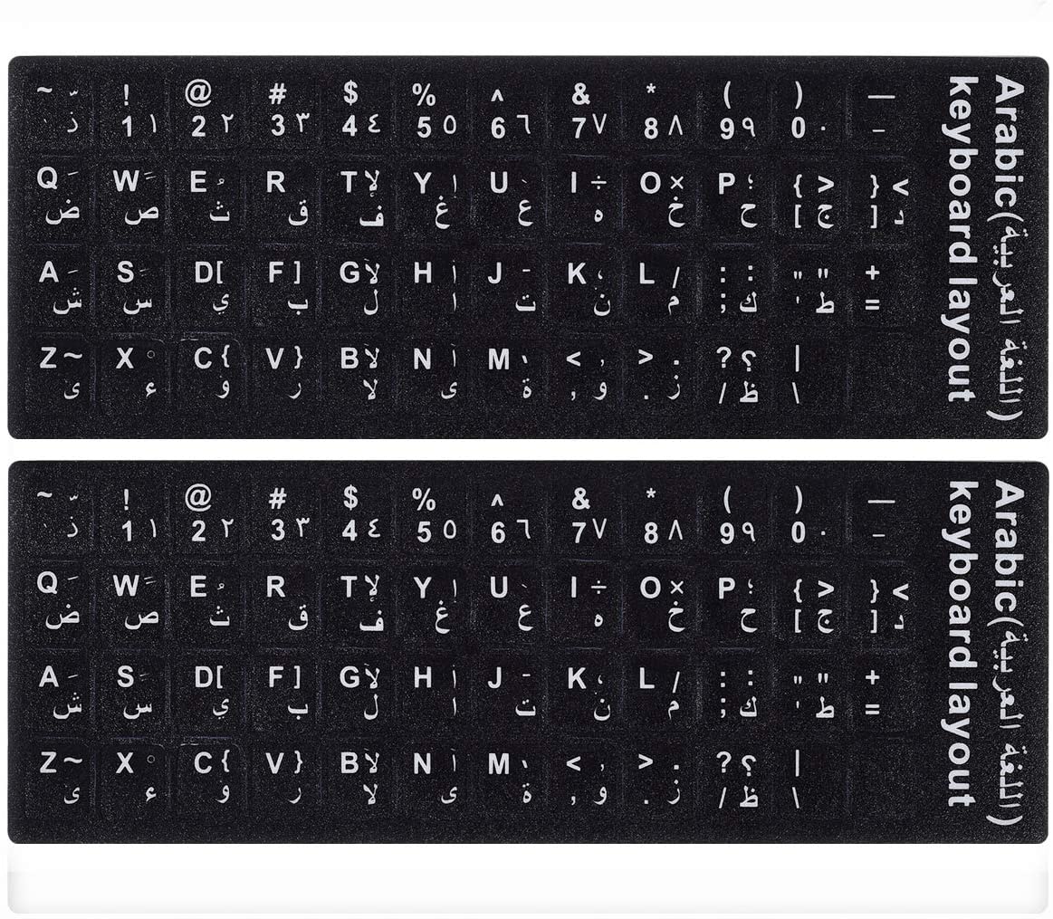 LaptopKing Universal Keyboard Stickers Replacement Keyboard Skin black background compatible with laptop Desktop white letter English/Arabic Pack of 2