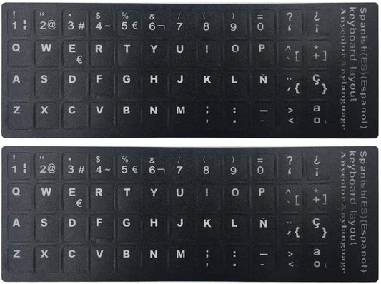 LaptopKing Universal Keyboard Stickers Replacement Keyboard Skin black background compatible with laptop Desktop white letter Spanish Pack of 2