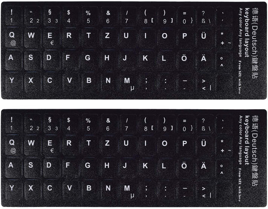 LaptopKing Universal Keyboard Stickers Replacement Keyboard Skin black background compatible with laptop Desktop white letter German Pack of 2
