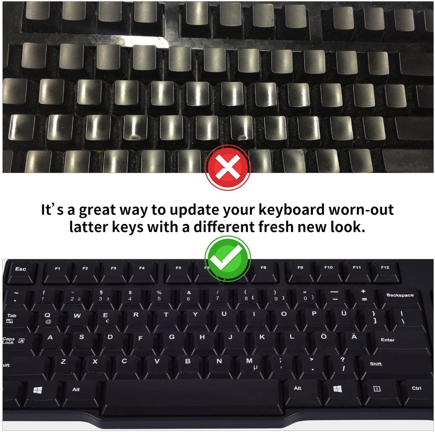 LaptopKing Universal Keyboard Stickers Replacement Keyboard Skin black background compatible with laptop Desktop white letter German Pack of 2