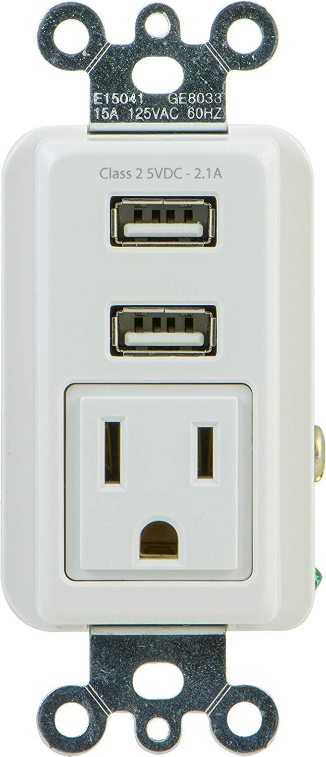 GE 17833 Receptacle, in Wall, 1 Outlet, 2 USB, 2.1 Amps - Laptop King